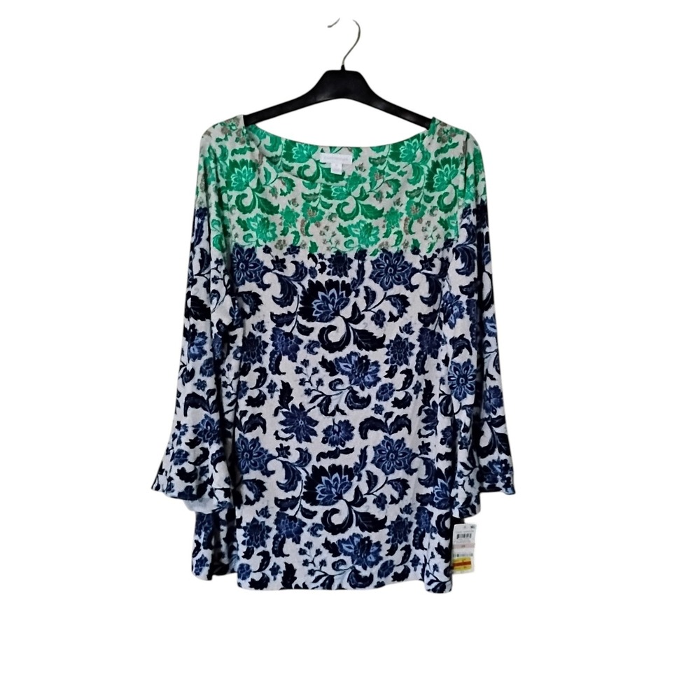 Charter Club Womens 2X Floral Bell Sleeve Top Navy Green Boat Neck NWT